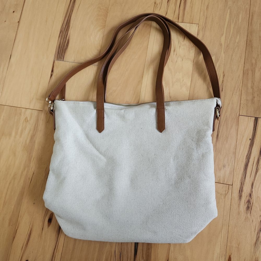 Forever 21 Cream Canvas Tote Bag with Brown Straps